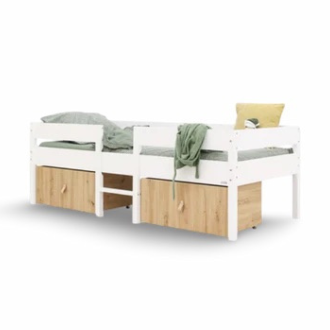 Lit compact 90x200 incl. 2 tiroirs sur roulettes Mick White