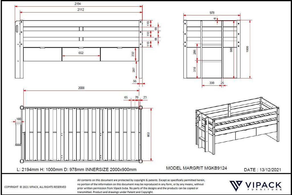 Margrit Bunk Bed with Drawers & Extra Bed / Κουκέτα με συρτάρια και έξτρα κρεβάτι