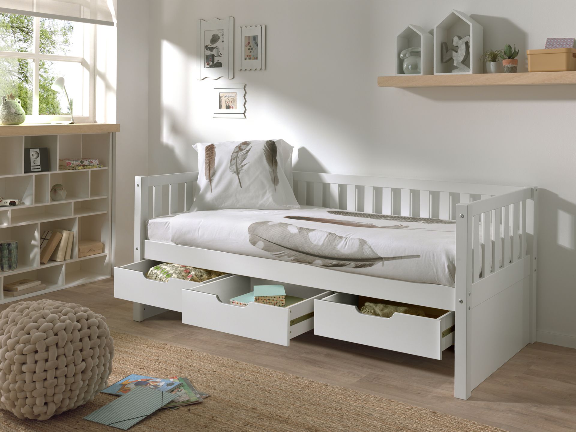 BED WITH 3 DRAWERS 90 X 200 CM MILKY PINE / Κρεβάτι με 3 συρτάρια 