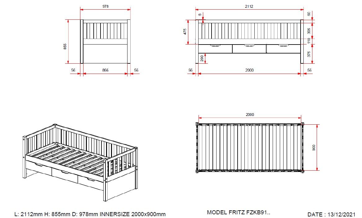 BED WITH 3 DRAWERS 90 X 200 CM MILKY PINE / Κρεβάτι με 3 συρτάρια 